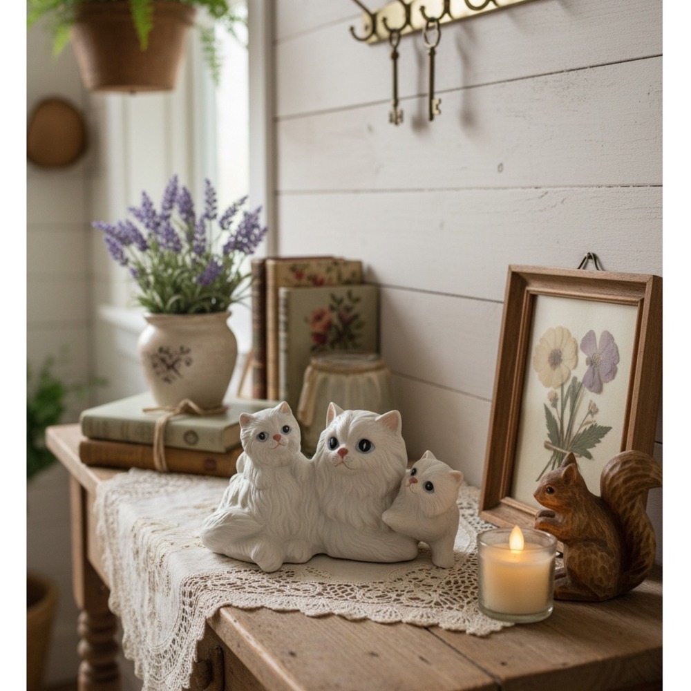 Vintage Cottagecore Persian Cat Kittens Ceramic Figurine Matte Bisque Statuette